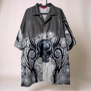 🔥 Vintage Y2K Skull Mania Button-Up 🔥